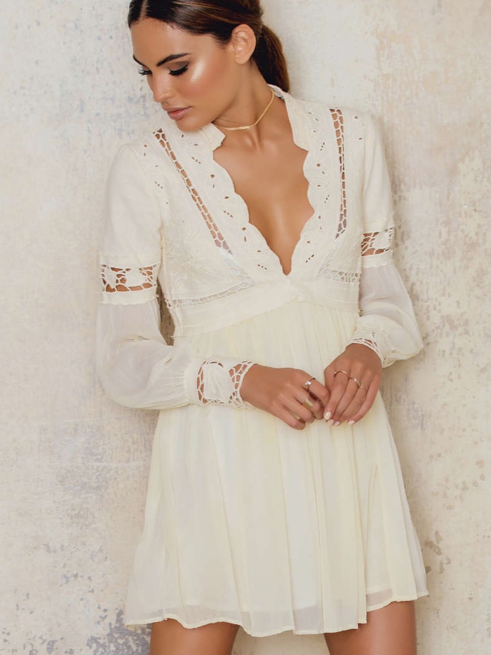 Free People "In Dreamland" Cutwork Mini Dress in Ivory/Cream
